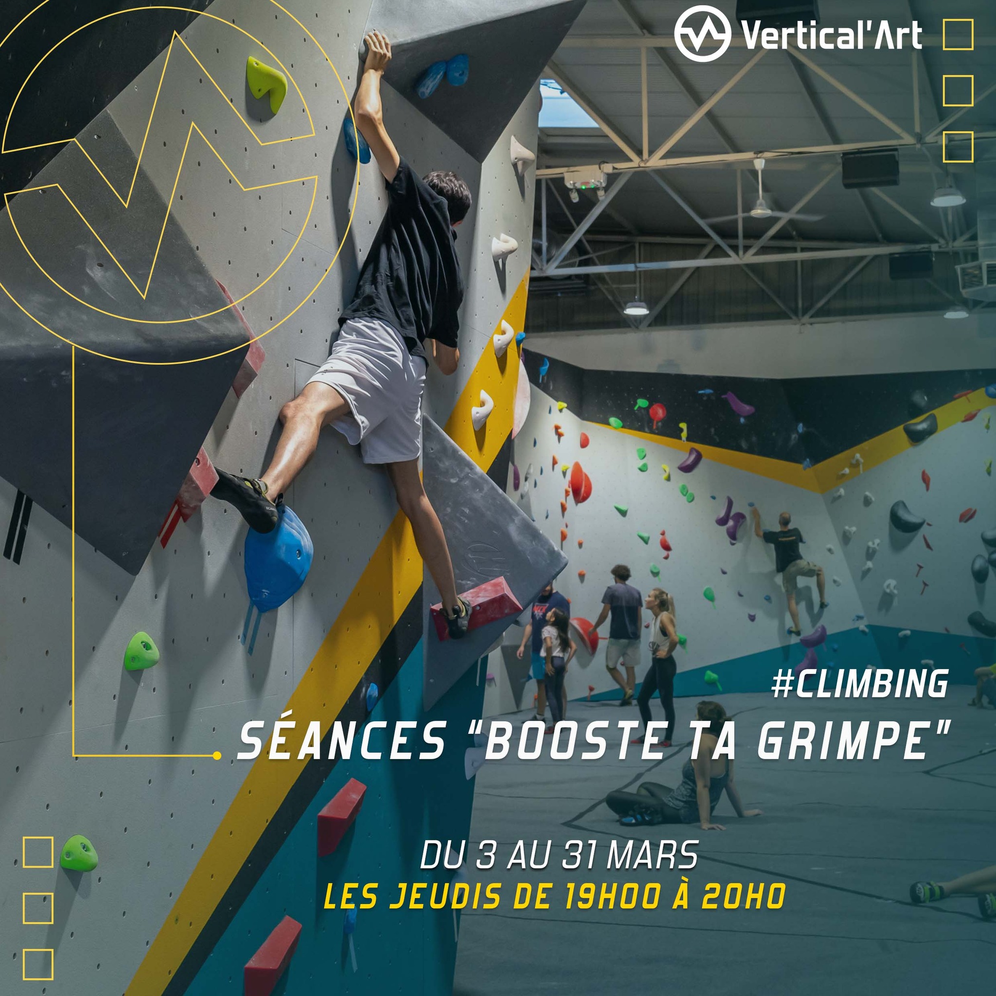 Séances Booste ta grimpe tous les jeudis en mars à Vertical'Art Toulon, stage de cinq séances pour progresser en escalade, ouvert aux débutants et confirmés